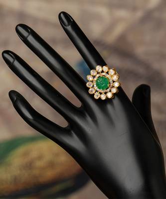 Gold plated green stone kundan ring in sterling silver 2
