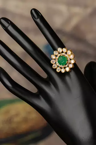 Gold plated green stone kundan ring in sterling silver