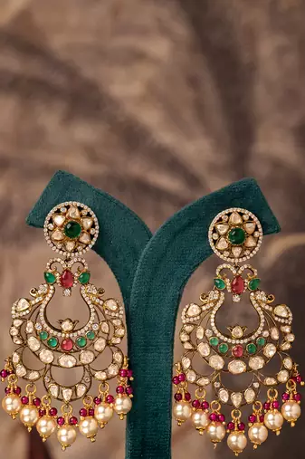 Gold plated multicolor polki jhumkas in sterling silver