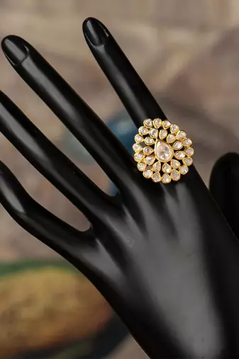 Gold plated kundan ring in sterling silver