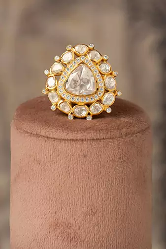 Gold plated kundan ring in sterling silver