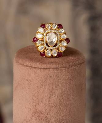 Gold plated red stone kundan ring in sterling silver 1