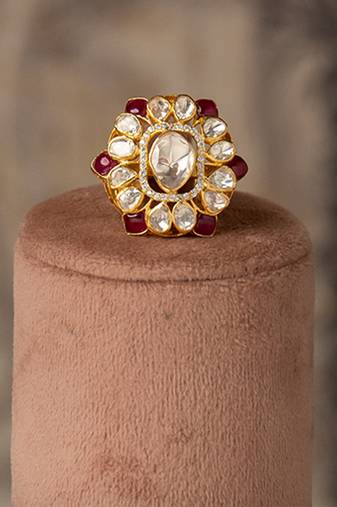 Gold plated red stone kundan ring in sterling silver