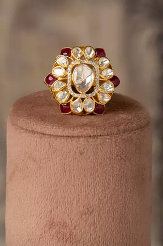 Gold plated red stone kundan ring in sterling silver