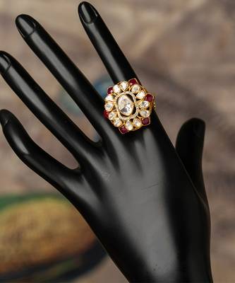 Gold plated red stone kundan ring in sterling silver 2