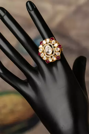 Gold plated red stone kundan ring in sterling silver