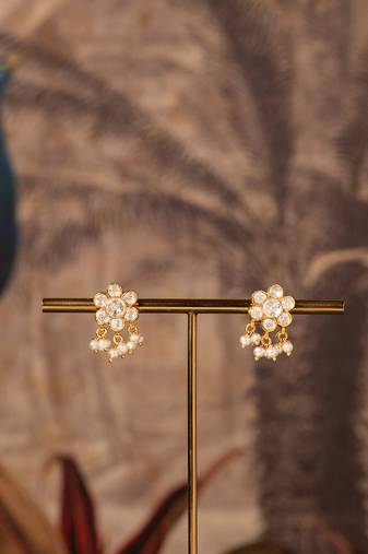 Gold plated white pearl jhumkas in sterling silver