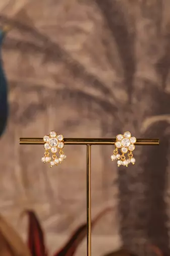 Gold plated white pearl jhumkas in sterling silver