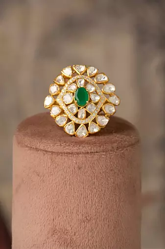 Gold plated kundan ring in sterling silver
