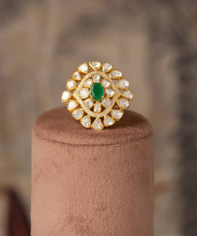 Gold plated kundan ring in sterling silver
