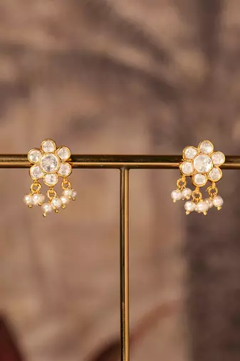 Gold plated white pearl jhumkas in sterling silver