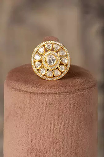 Gold plated kundan ring in sterling silver