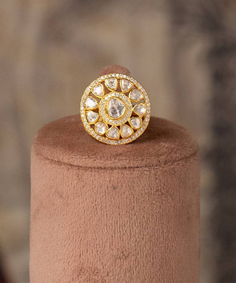 Gold plated kundan ring in sterling silver