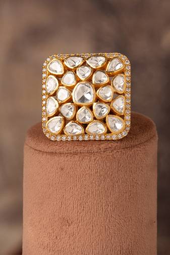 Gold plated kundan ring in sterling silver