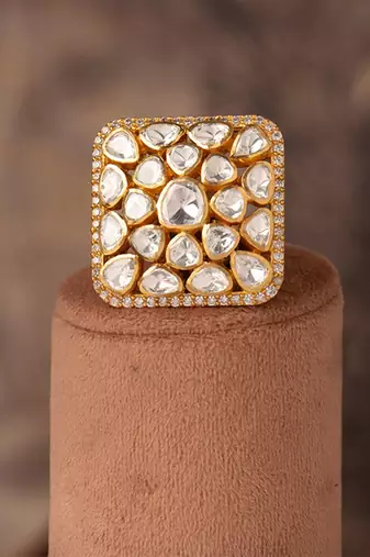 Gold plated kundan ring in sterling silver