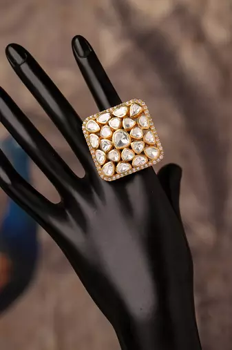Gold plated kundan ring in sterling silver