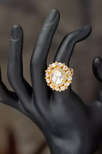 Gold plated kundan ring in sterling silver