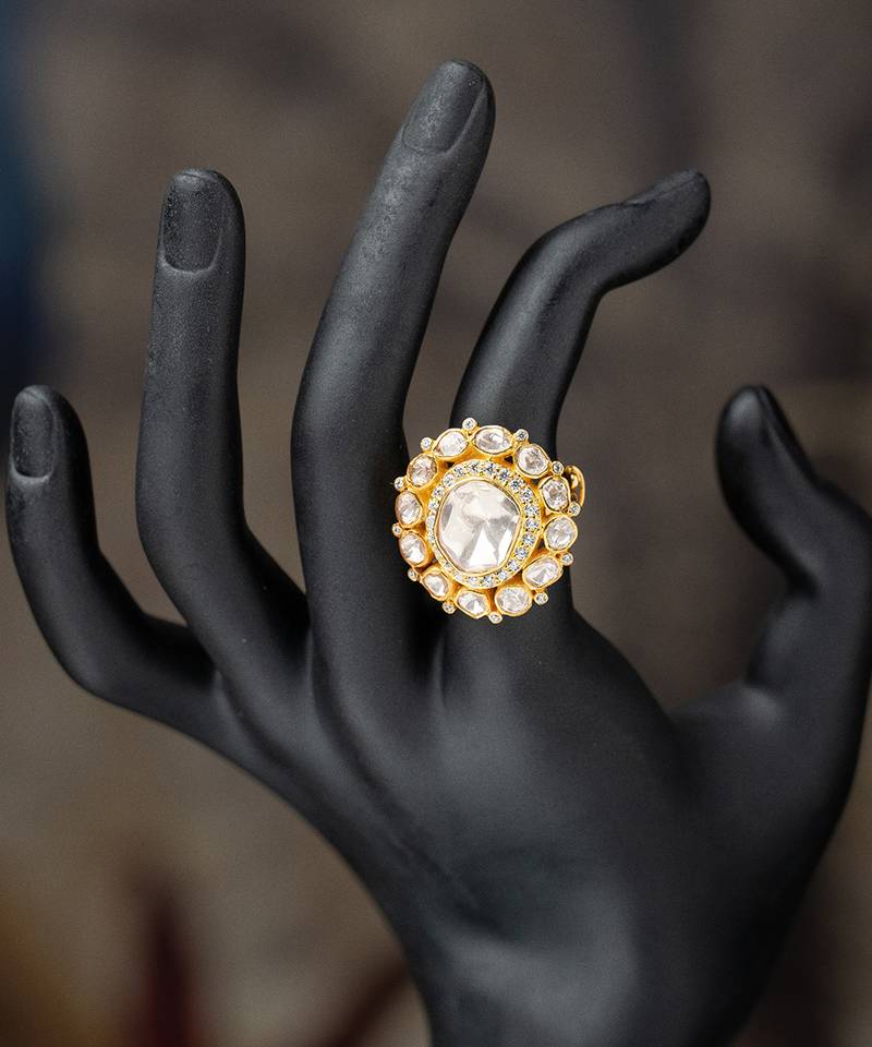 Gold plated kundan ring in sterling silver