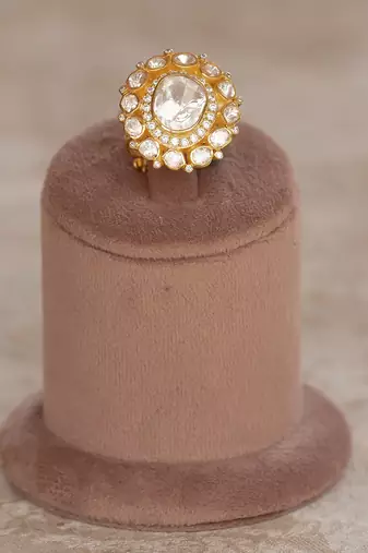 Gold plated kundan ring in sterling silver