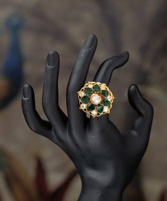 Gold plated  green kundan ring in sterling silver 1