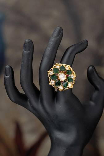 Gold plated  green kundan ring in sterling silver