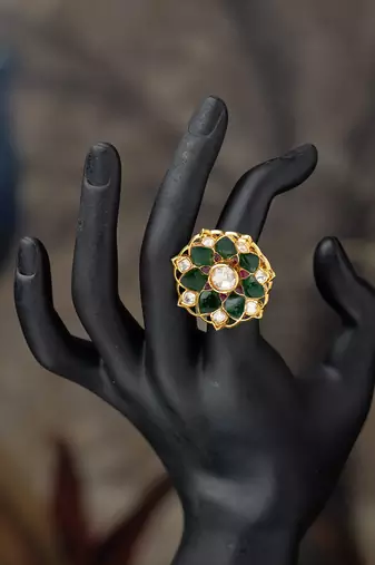 Gold plated  green kundan ring in sterling silver