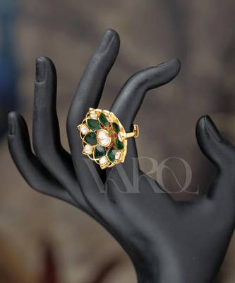 Gold plated  green kundan ring in sterling silver 2