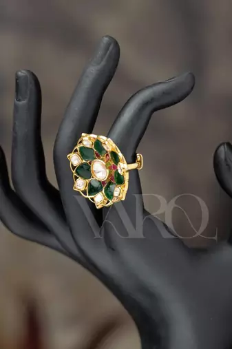 Gold plated  green kundan ring in sterling silver