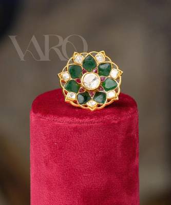 Gold plated  green kundan ring in sterling silver 3