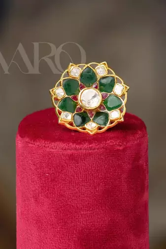 Gold plated  green kundan ring in sterling silver