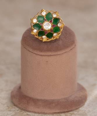 Gold plated  green kundan ring in sterling silver 4