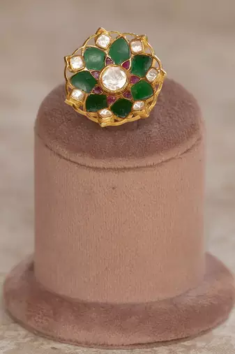 Gold plated  green kundan ring in sterling silver