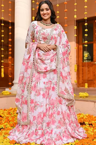  digital print georgette white lehenga with unstitched blouse and dupatta