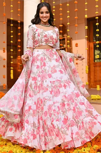  digital print georgette white lehenga with unstitched blouse and dupatta