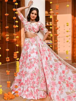  digital print georgette white lehenga with unstitched blouse and dupatta 3
