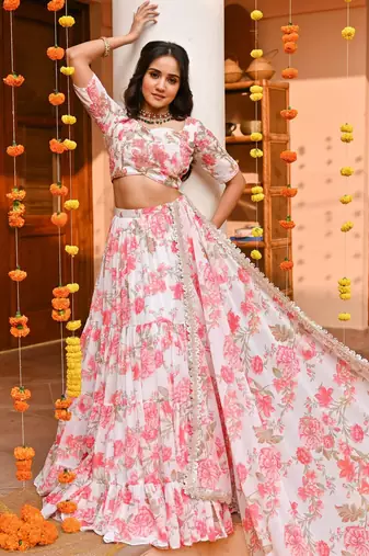  digital print georgette white lehenga with unstitched blouse and dupatta