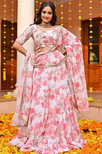  digital print georgette white lehenga with unstitched blouse and dupatta
