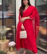 Women   s designer reyon kurta set with embroidery and sheer organza dupatta