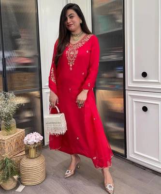 Women  s designer reyon kurta set with embroidery and sheer organza dupatta 3