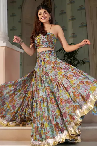 teal digital print chanderi silk lehenga with unstitched blouse and organza dupatta