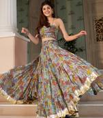 teal digital print chanderi silk lehenga with unstitched blouse and organza dupatta