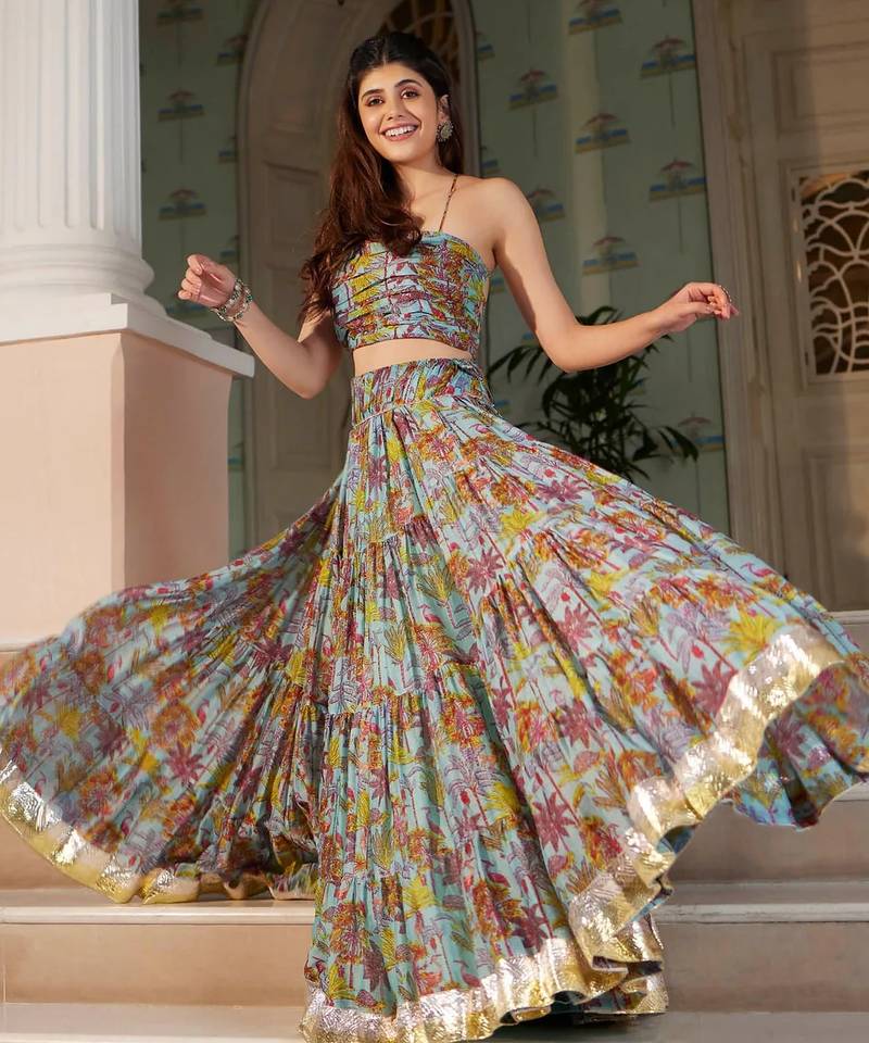 teal digital print chanderi silk lehenga with unstitched blouse and organza dupatta