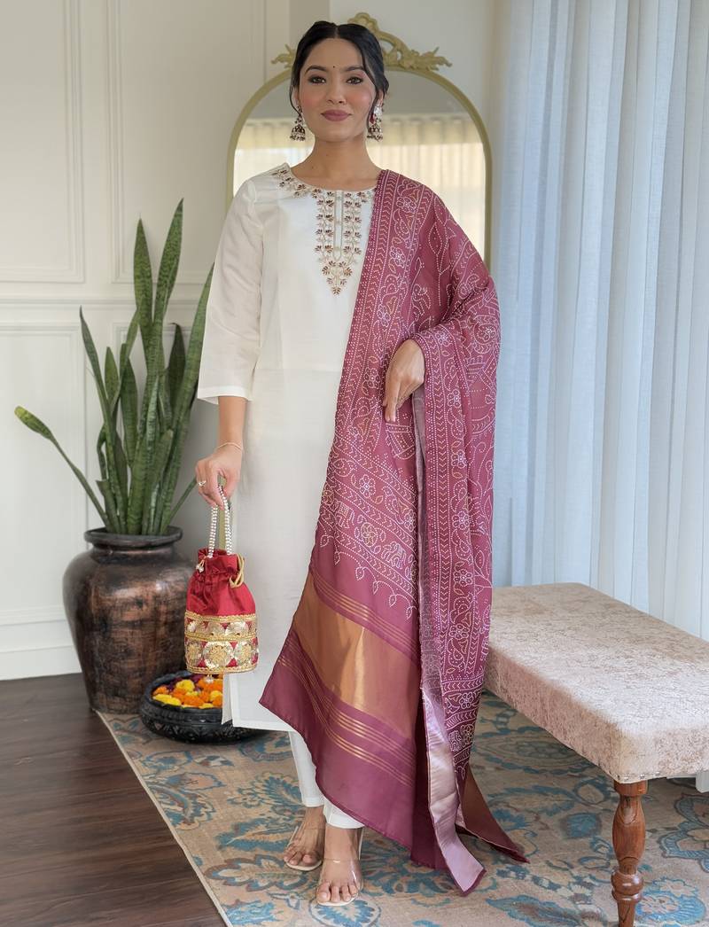Women’s viscose chanderi kurta set with sequin & coding embroidery work