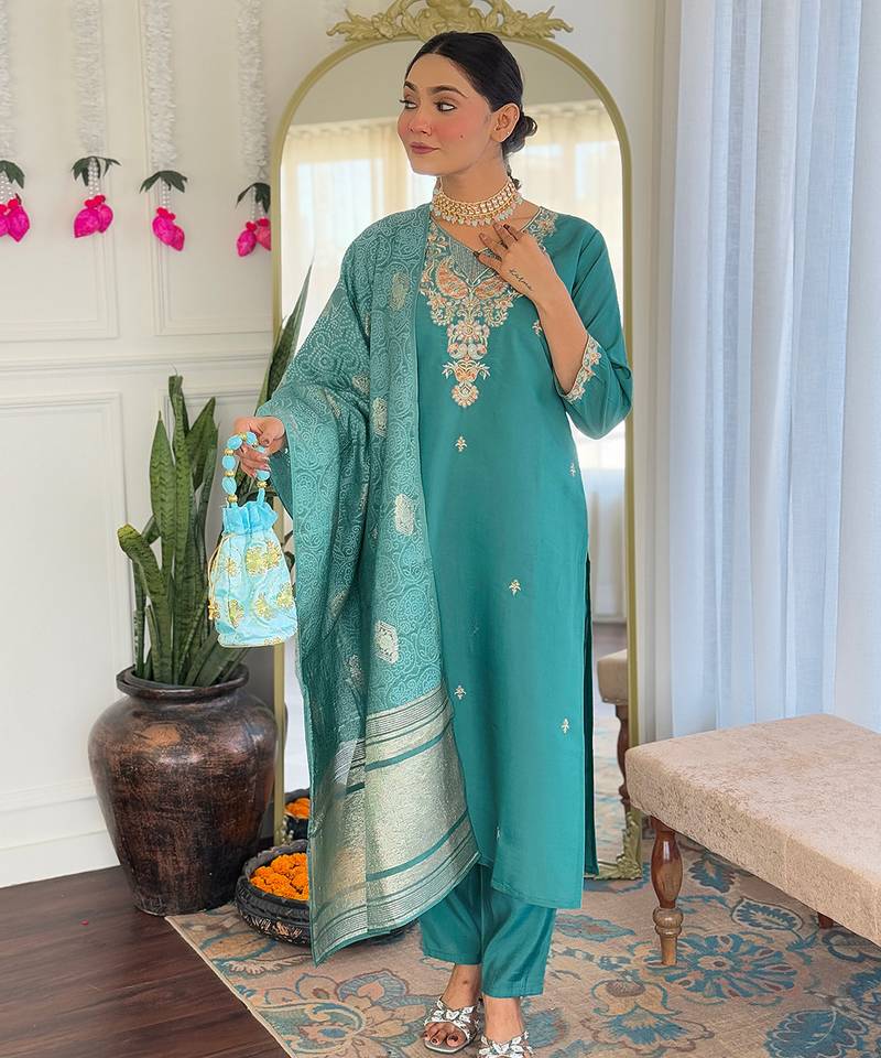 Women’s pure viscose chanderi kurta set with sequin embroidery work