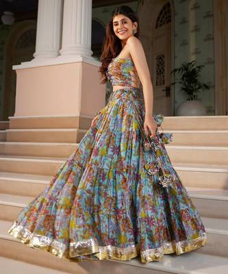 teal digital print chanderi silk lehenga with unstitched blouse and organza dupatta 2