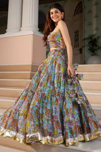 teal digital print chanderi silk lehenga with unstitched blouse and organza dupatta