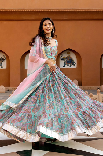 sky-blue digital print chanderi silk lehenga with unstitched blouse and organza dupatta