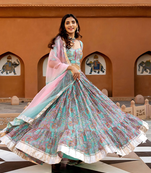 sky-blue digital print chanderi silk lehenga with unstitched blouse and organza dupatta
