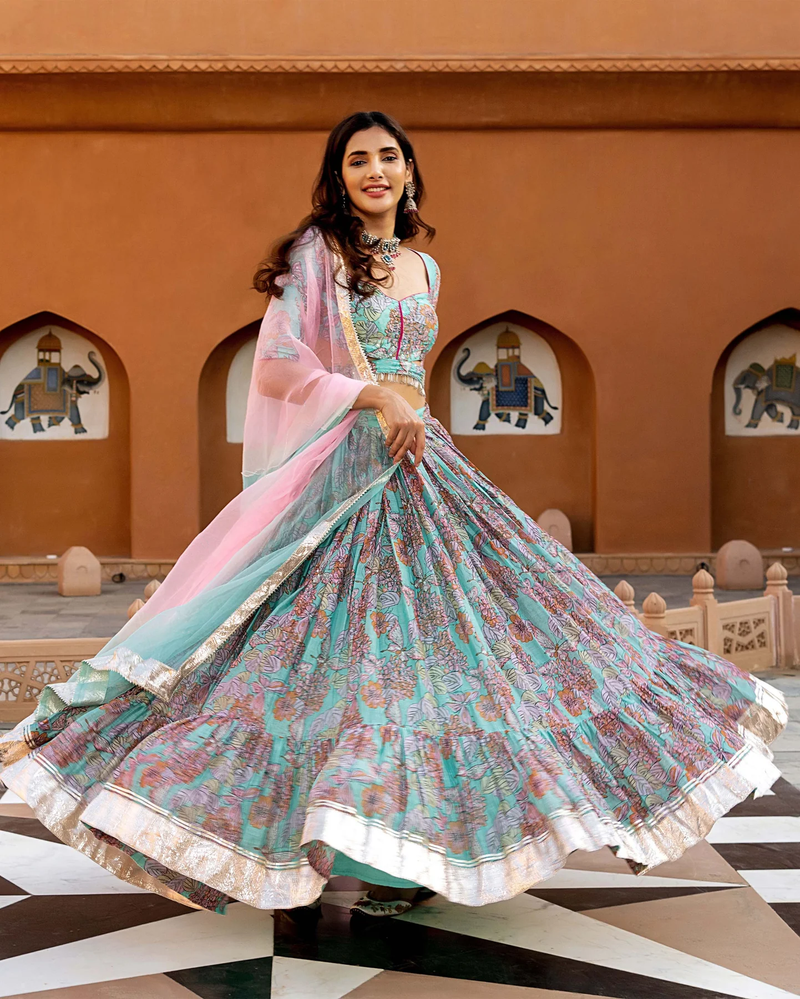 sky-blue digital print chanderi silk lehenga with unstitched blouse and organza dupatta