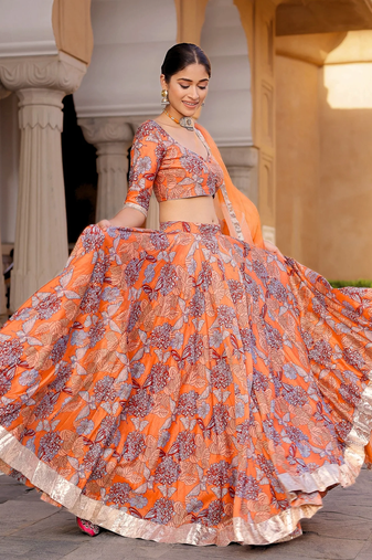 orange digital print chanderi silk lehenga with unstitched blouse and organza dupatta